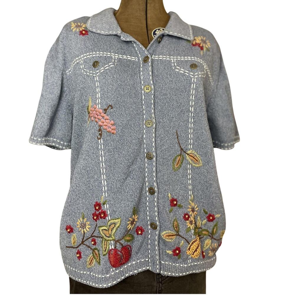 ALFRED DUNNER Blue Button Sweater‎ Womens (L) Cotton Beaded Embroidered Floral